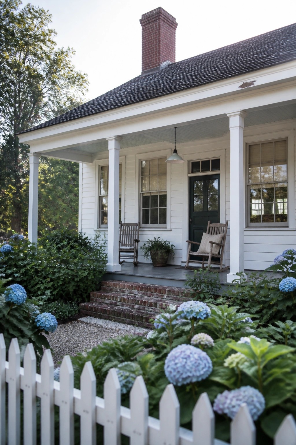 A white clapboard farmhouse exterior with a covered porch, two wooden rocking chairs, brick steps, and blue hydrangeas in the foreground.