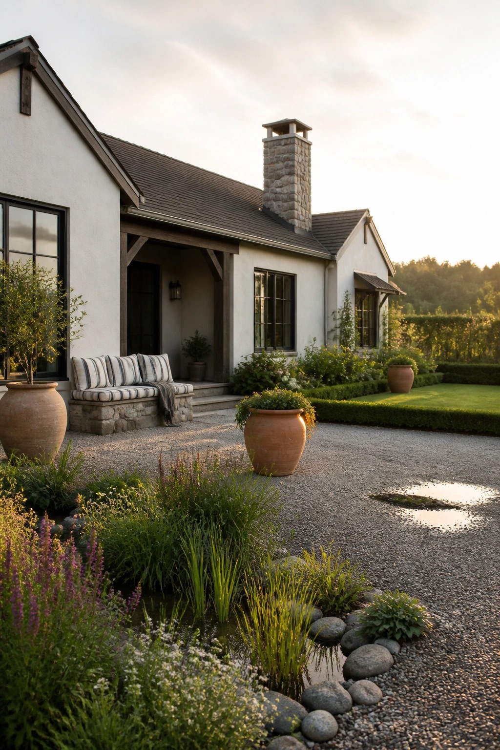 A white farmhouse exterior featuring a tall stone chimney, dark window frames, large terracotta pots, and a gravel driveway bordered by garden beds.