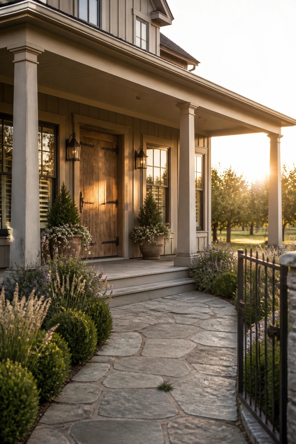 A flagstone path curves toward the front porch of a gray farmhouse with a wooden door, white columns, and potted plants beside the steps.