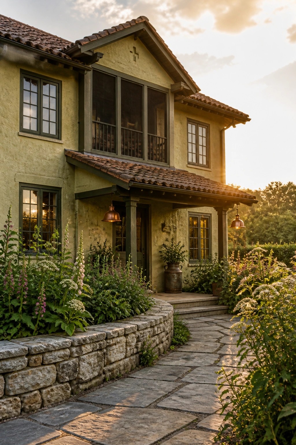 Yellow stucco house with stone path and lush blooming garden at sunset