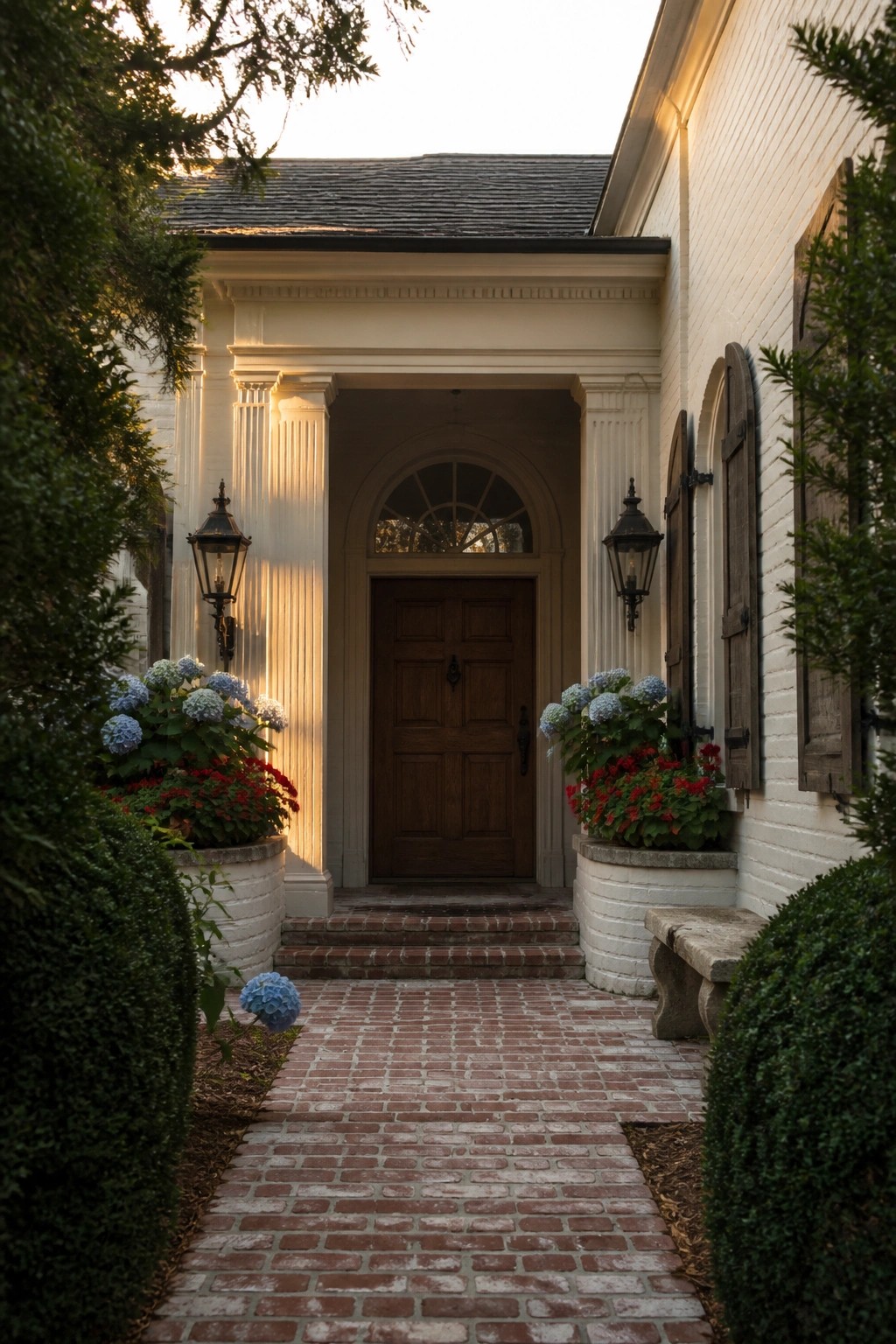 A brick walkway leads to a wooden door beneath an arched entry with white columns, flanked by two white planters holding blue and red flowers and black lanterns on the walls.