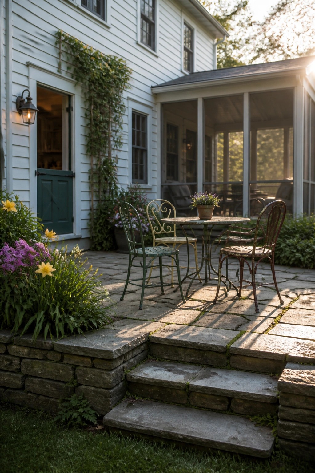 A stone patio beside a white farmhouse holds a small round table and several vintage metal chairs in green and rusted finishes, with garden beds and steps leading up to the house.