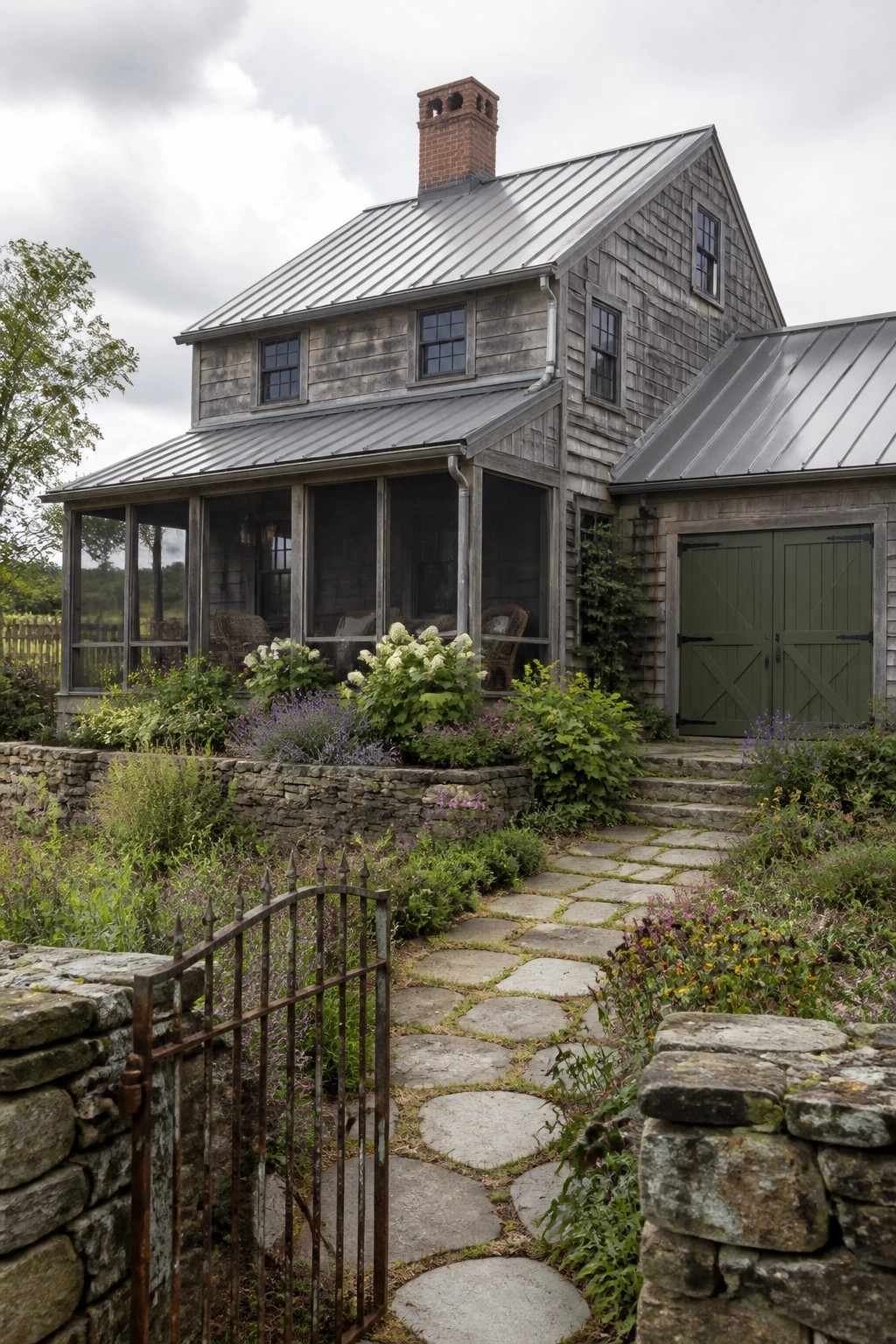 A two-story historic farmhouse with weathered gray wood siding, a standing seam metal roof, brick chimney, and screened porch, seen from a stone pathway with steps.