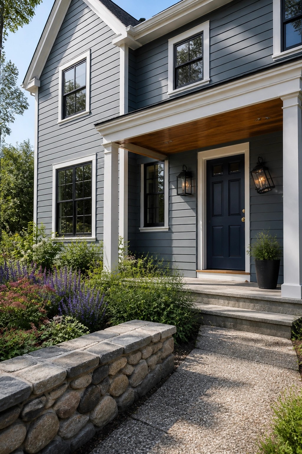 Muted blue gray hardie board siding on a modern farmhouse with white trim.