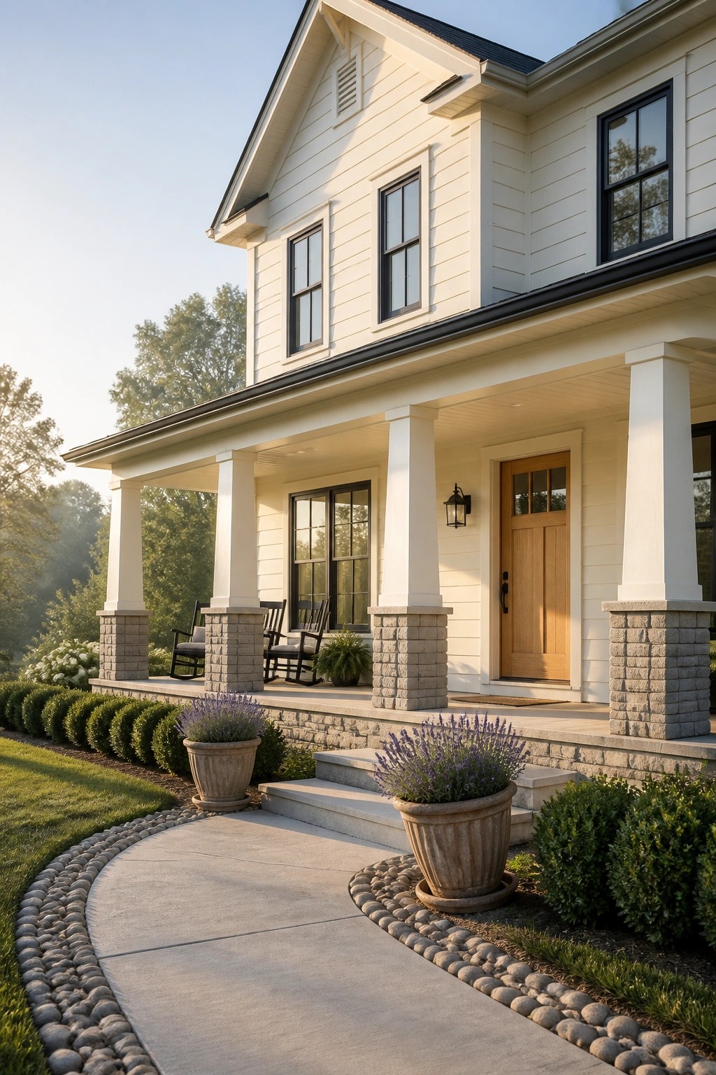 A modern farmhouse with creamy white Hardie board siding and a covered porch.