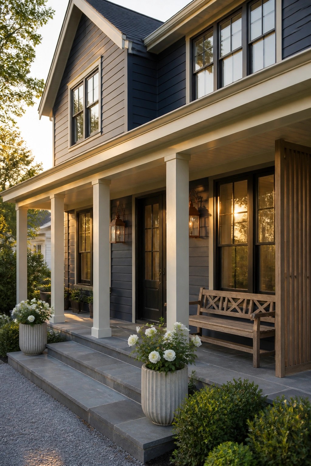 Dark blue gray Hardie board siding on a modern farmhouse exterior with white trim.