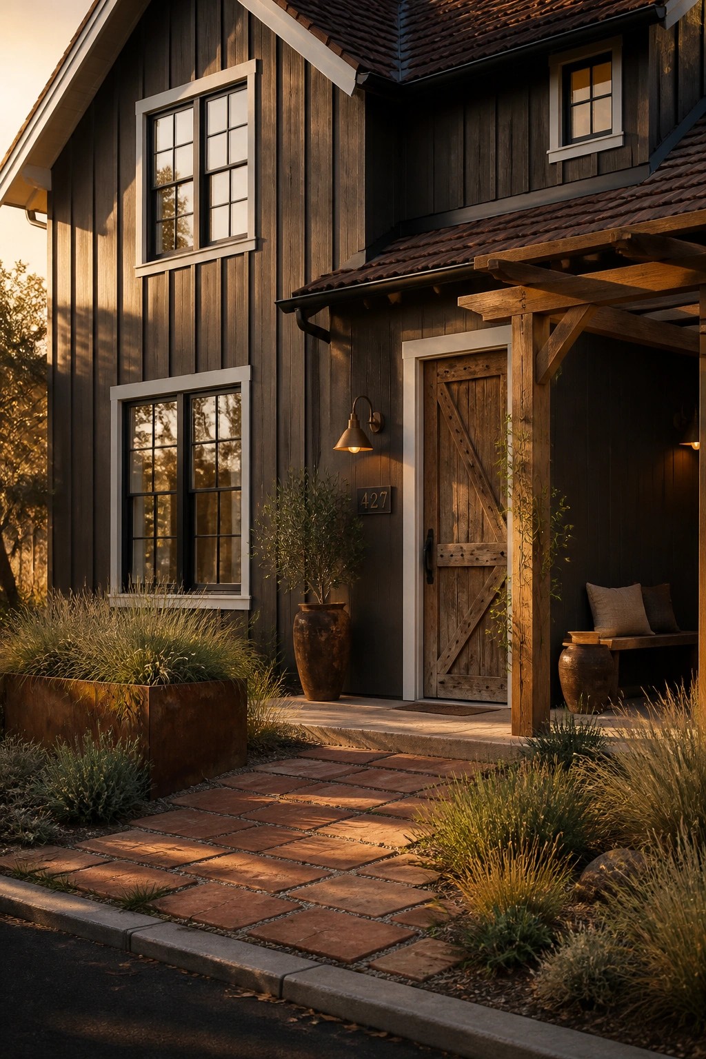 Dark charcoal Hardie board siding on a modern farmhouse exterior with wood trim and a brick walkway.