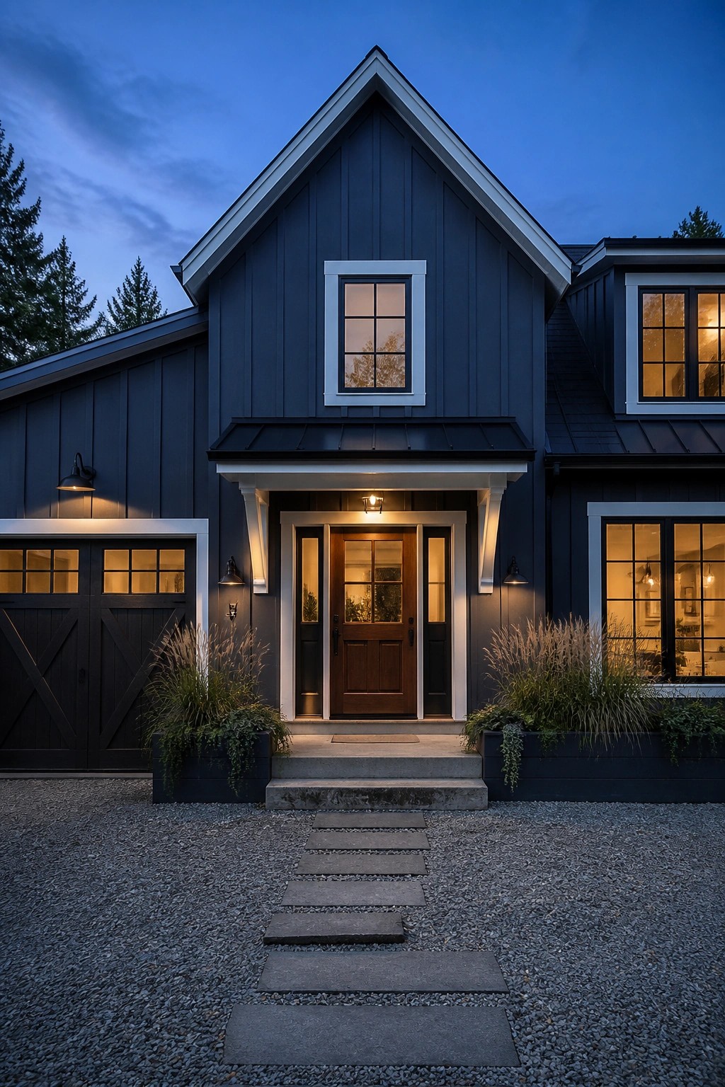 Dark house with wooden door, glowing windows, and stone path on gravel at dusk