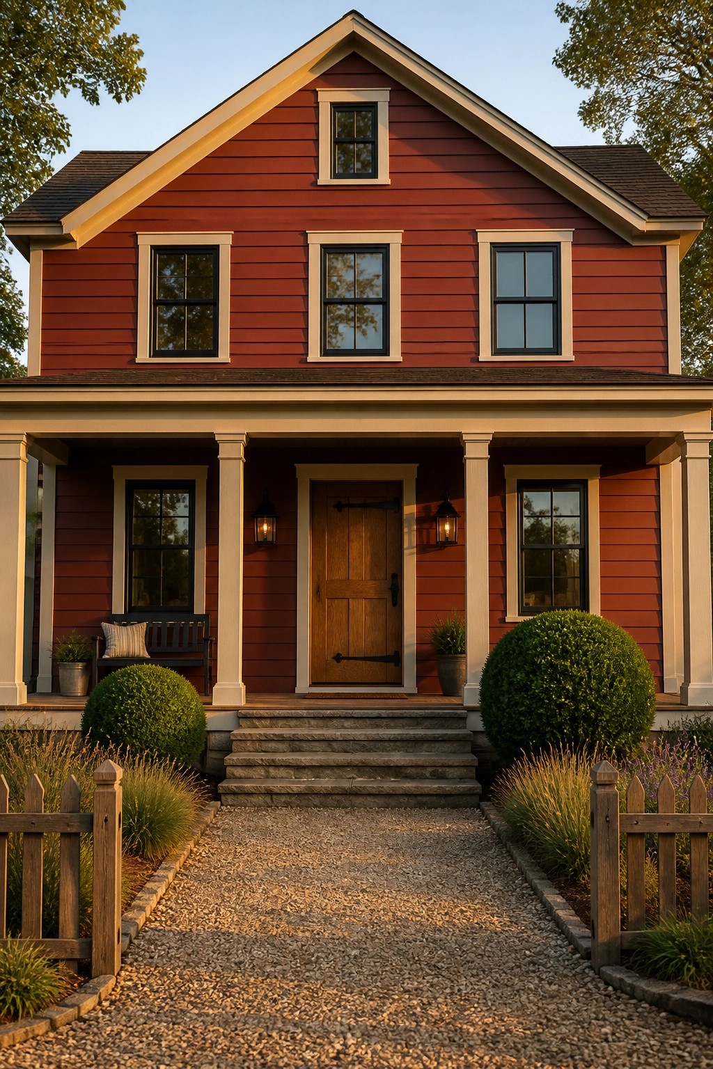 Modern farmhouse exterior with deep red Hardie board siding and light trim.