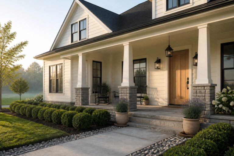 A modern farmhouse with creamy white Hardie board siding and a covered porch.