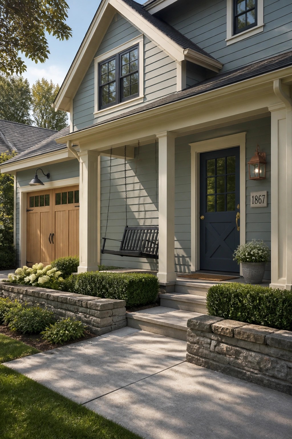 Light blue gray Hardie board siding on a house with cream trim.