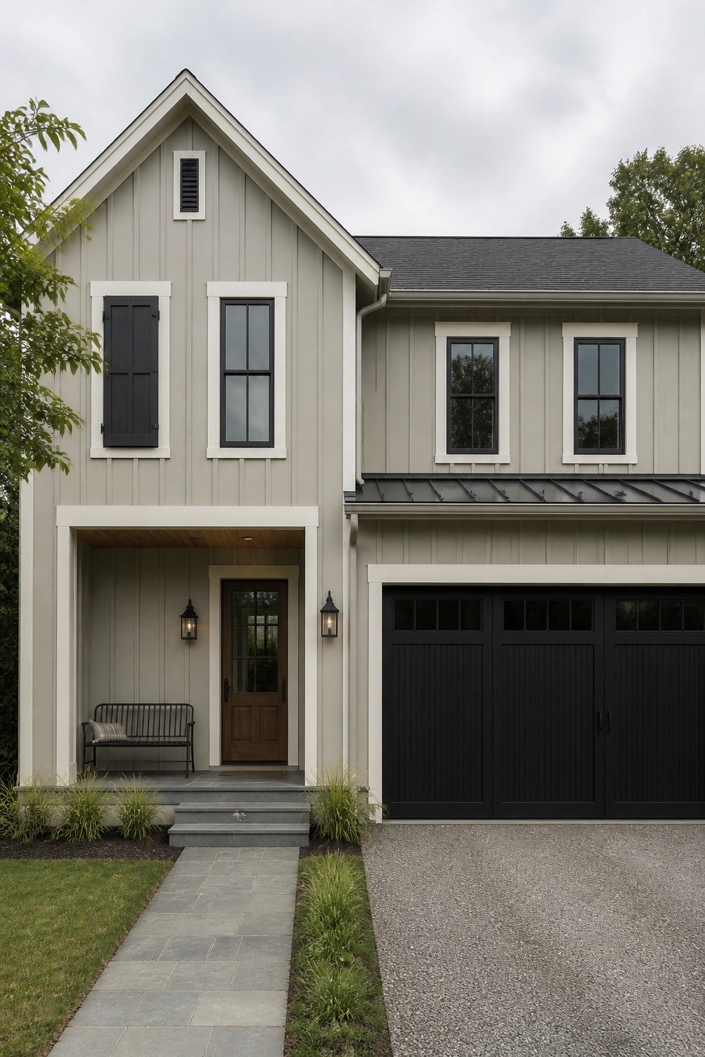 A modern farmhouse exterior with light gray hardie board siding and black garage doors.
