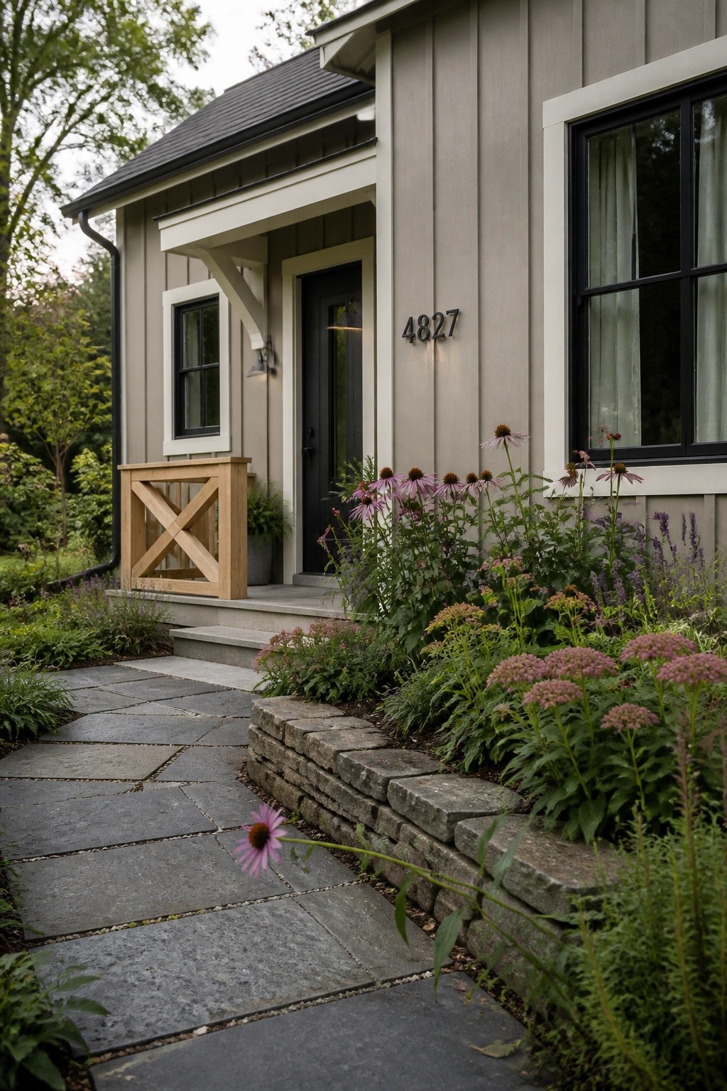 The house exterior shows soft greige Hardie board siding next to black window frames.