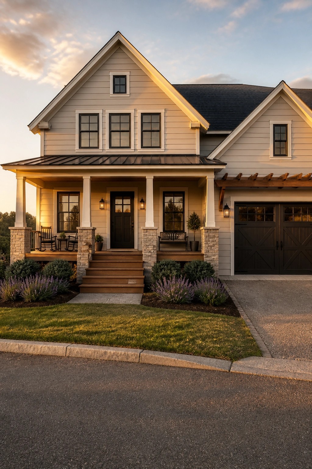 Light greige Hardie board siding on a modern farmhouse exterior with dark trim and roofing.