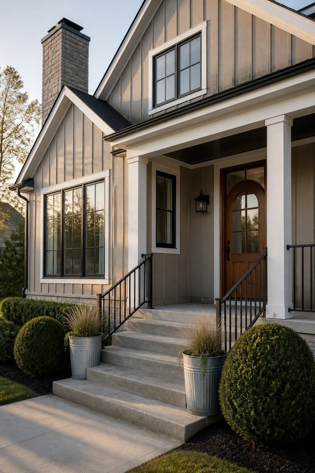 Light greige Hardie board siding on a modern farmhouse exterior with white trim.