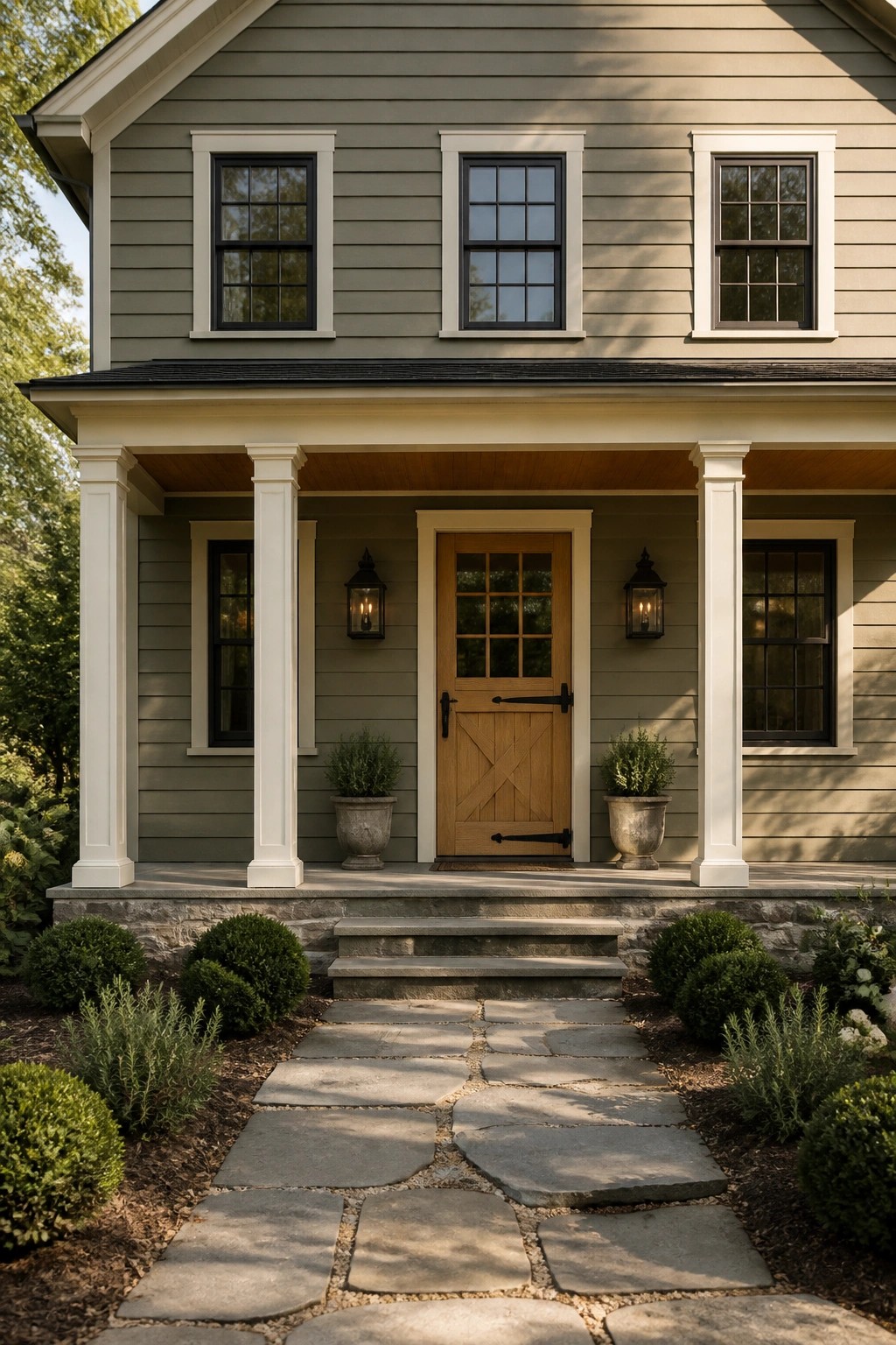 A modern farmhouse with soft sage green Hardie board siding and white trim.