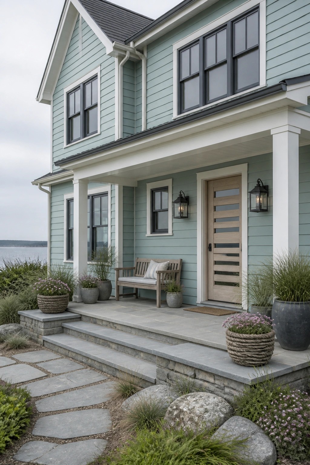 Light sage green Hardie board siding on a modern farmhouse with white trim.