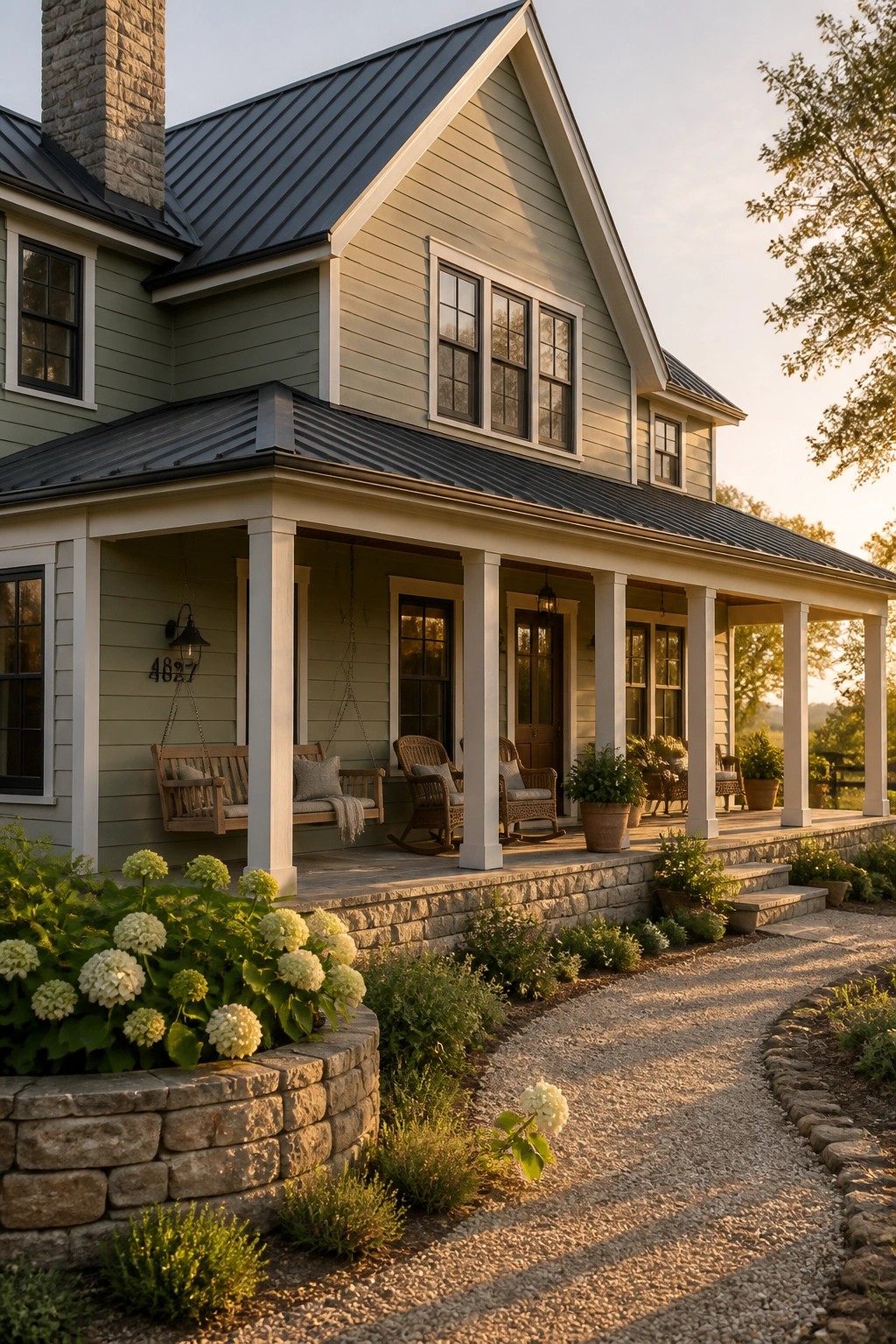 Hardie board siding painted in a soft sage green on a modern farmhouse.