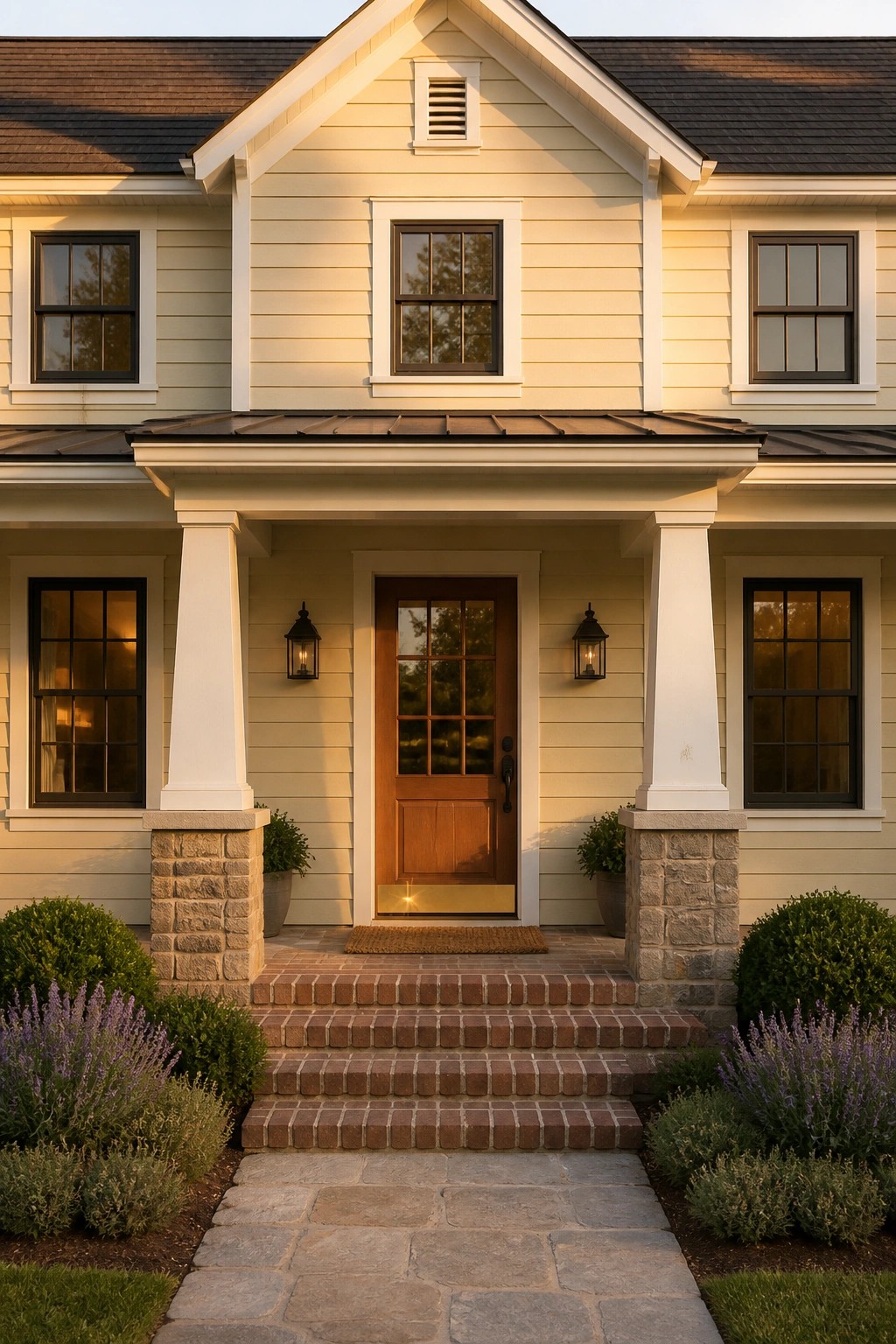 Two-story beige house with wooden door, brick steps, white columns, and lavender shrubs