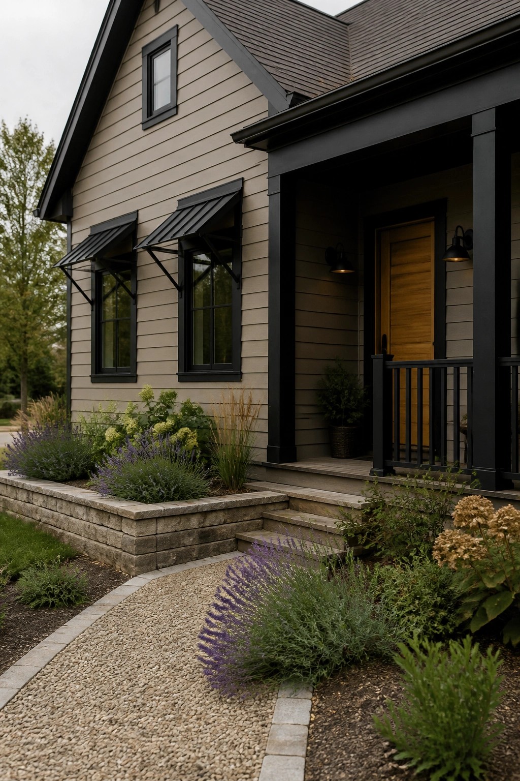 Hardie board siding painted in a warm greige on a modern farmhouse exterior.