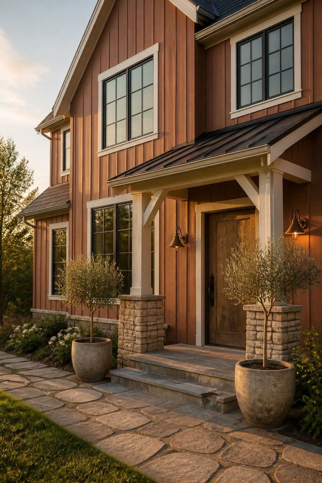 Warm terracotta brown Hardie board siding on a modern farmhouse exterior with white trim and a dark metal roof.