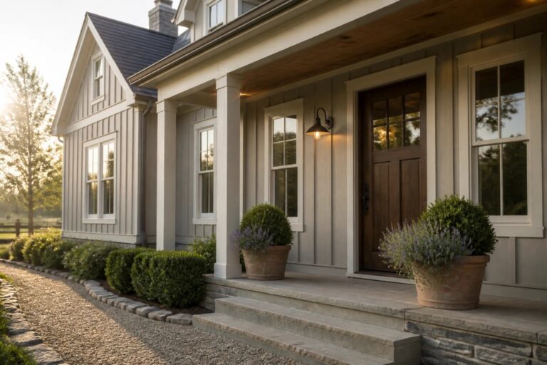 White house porch with columns, wooden door, potted lavender, and glowing light.