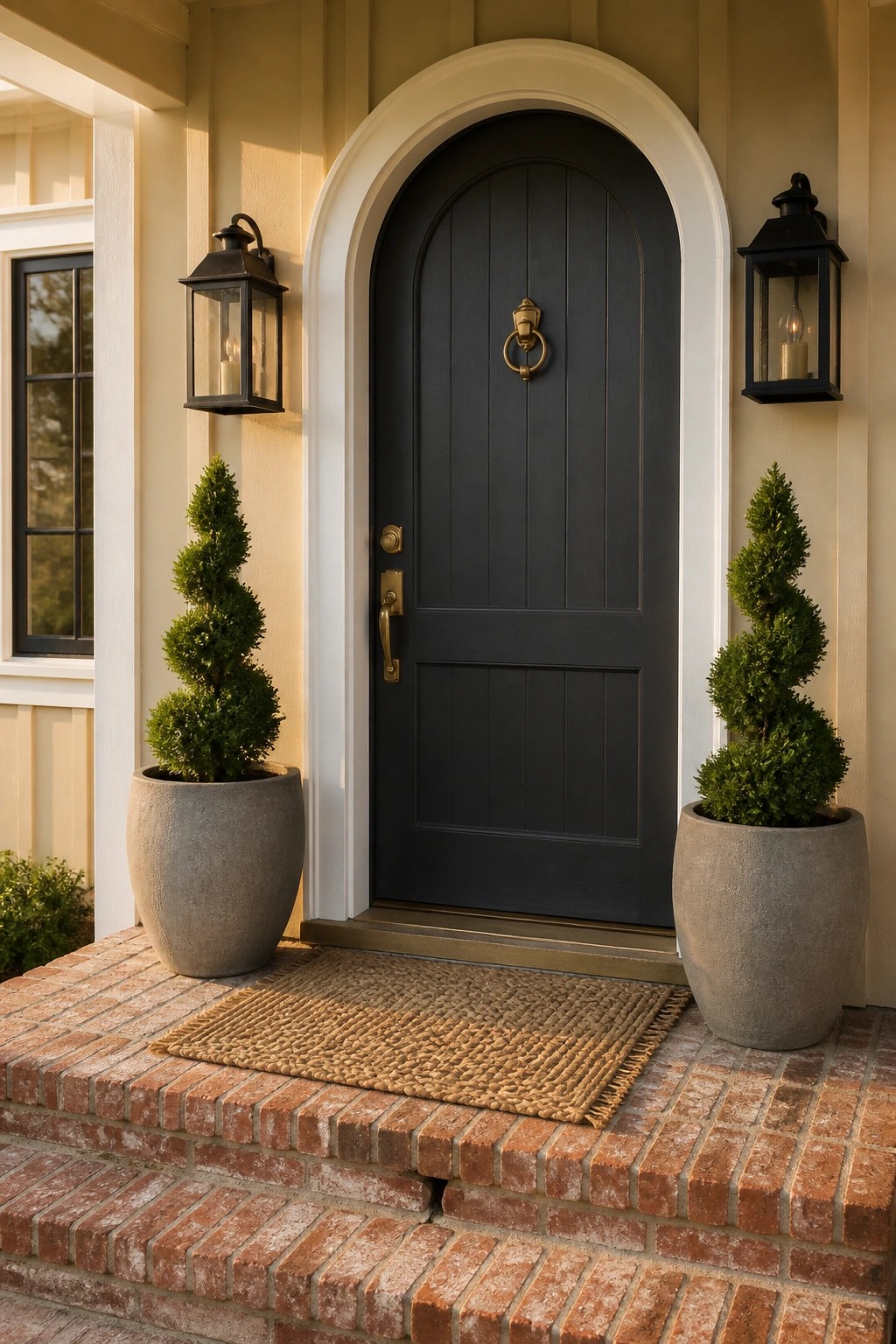 Warm beige siding with a dark arched front door on a modern farmhouse exterior.