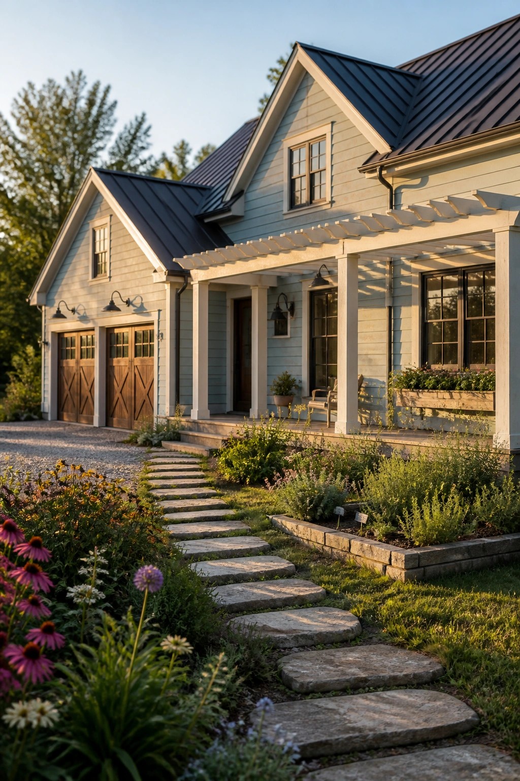 Light blue gray siding on a modern farmhouse exterior with a dark metal roof.