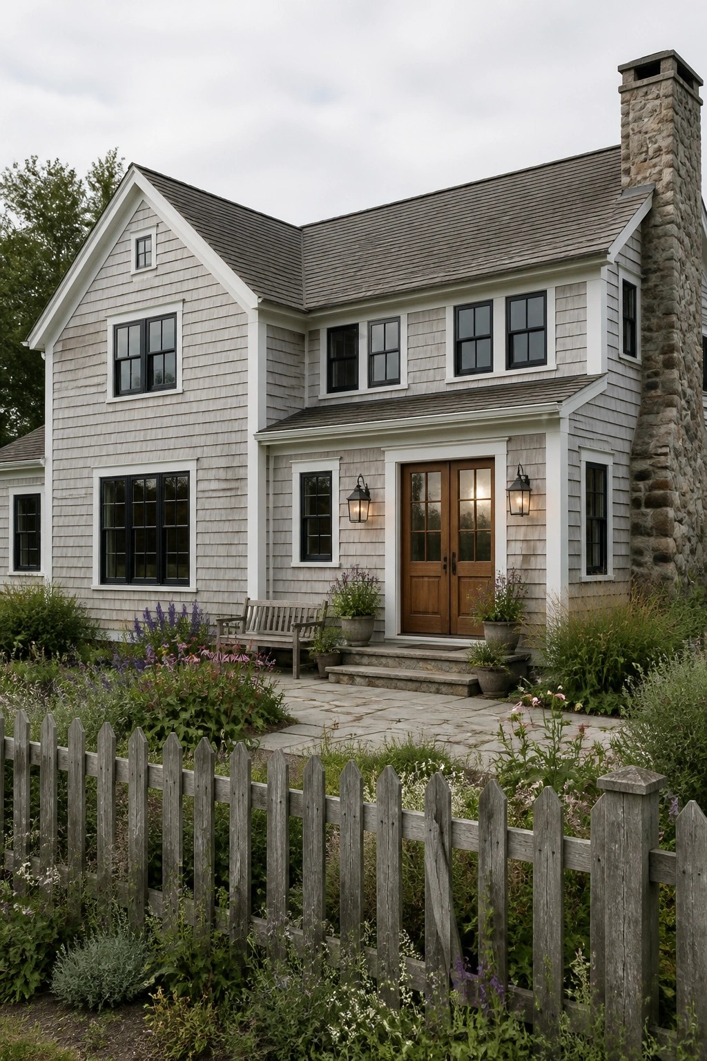 Gray shingled house with white trim, wooden door, stone chimney, and flower garden.
