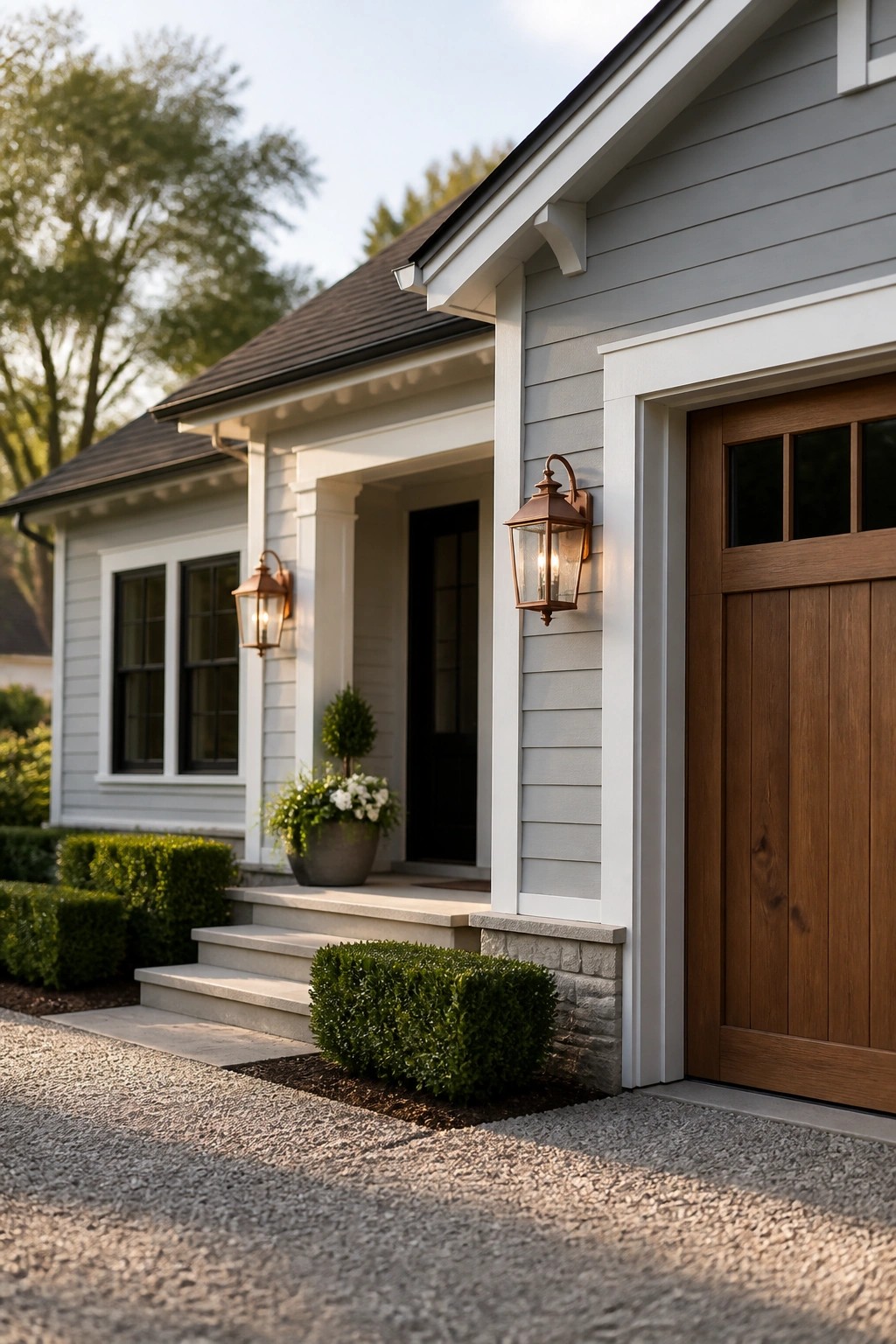 Gray house with wooden garage door, front porch steps, lanterns, and greenery.