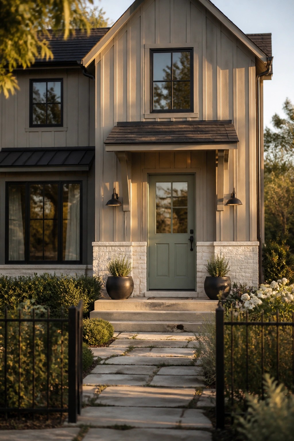 A modern farmhouse exterior with soft greige vertical siding.