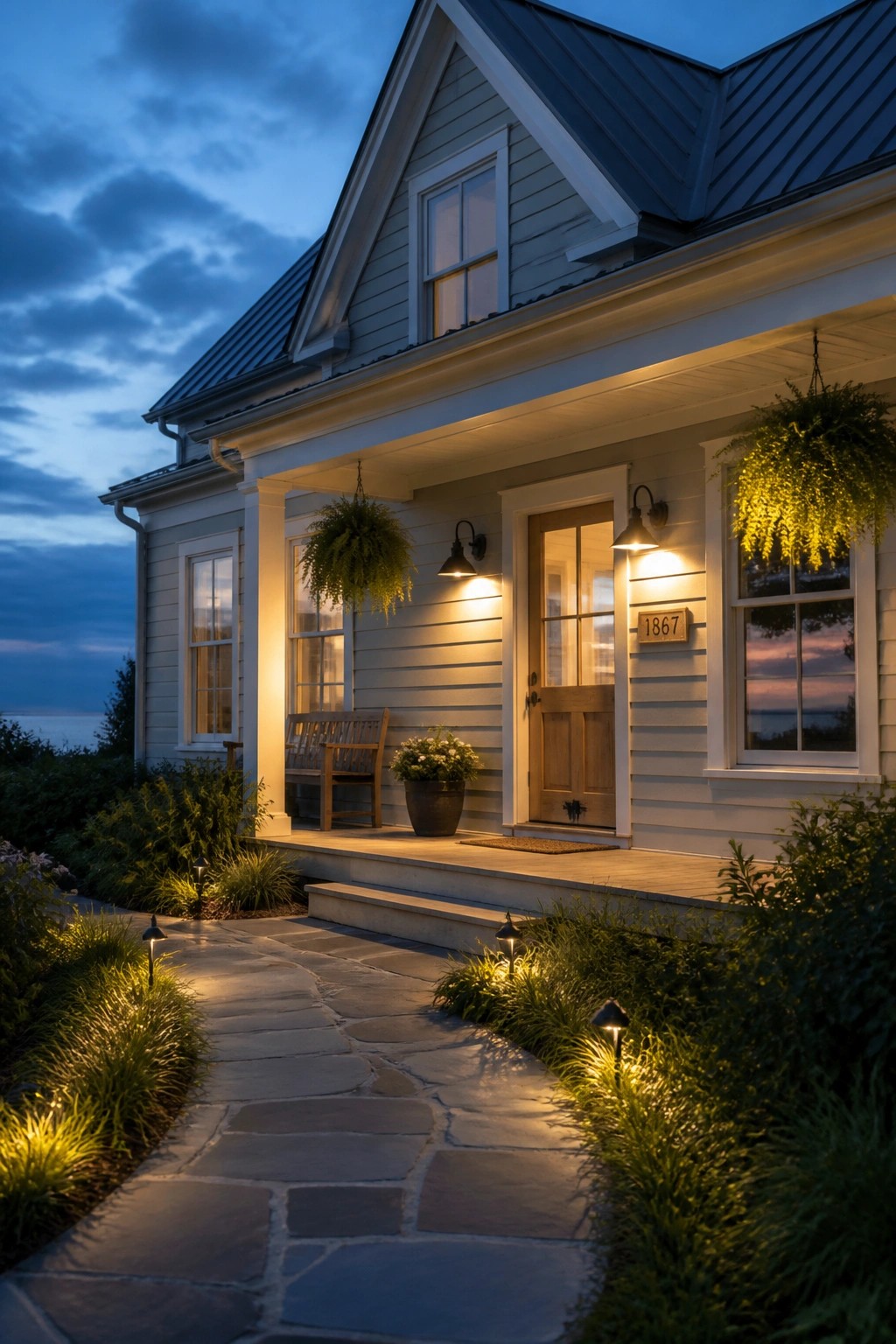 Modern farmhouse exterior with soft greige siding and white trim.