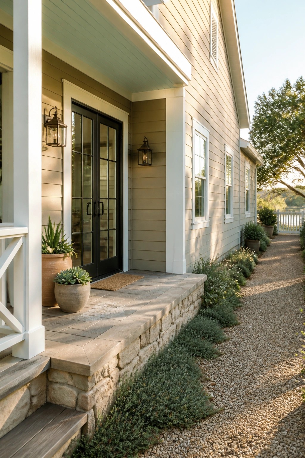 A modern farmhouse exterior painted in soft greige siding with white trim and a stone foundation.