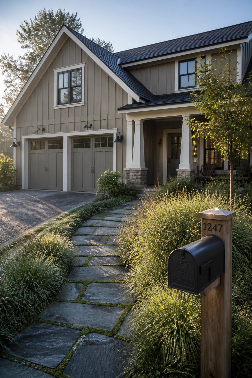 Modern farmhouse exterior with soft greige siding and white trim.