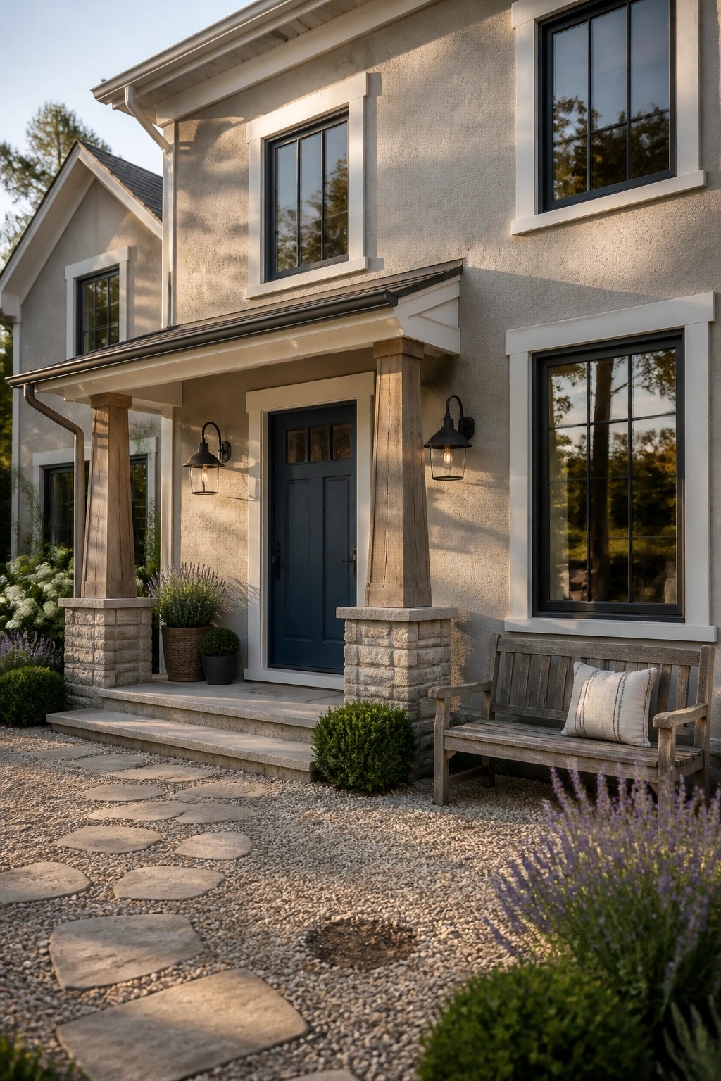 Light greige siding on a modern farmhouse exterior with stone and wood details.