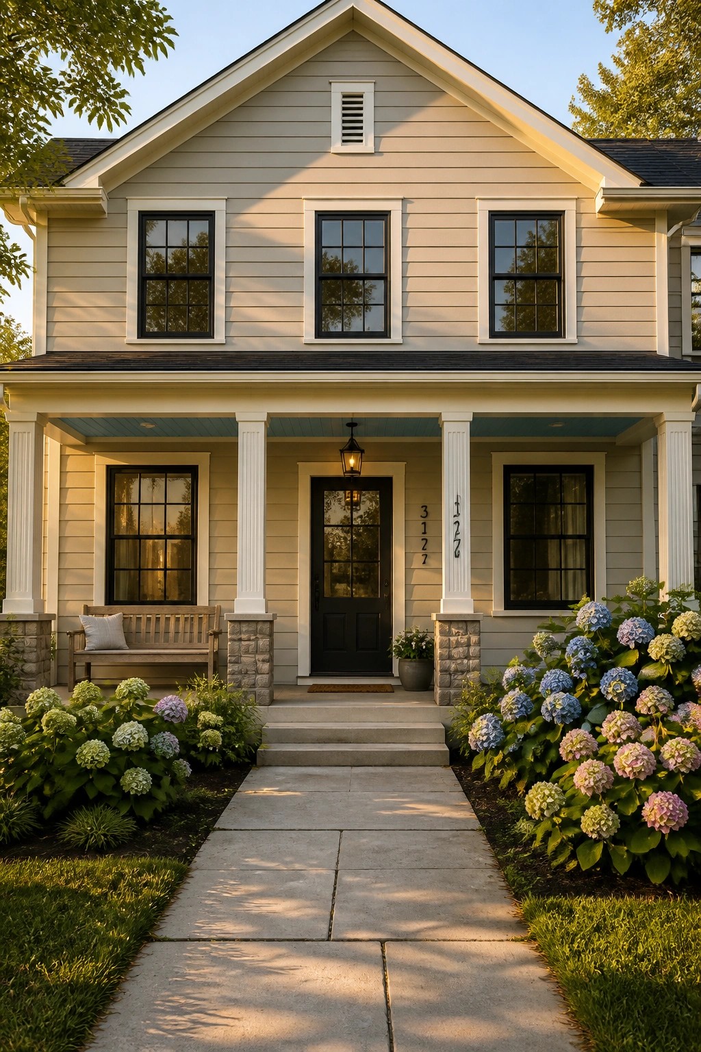 Charming two-story beige house with black door, white columns, and blooming hydrangeas.