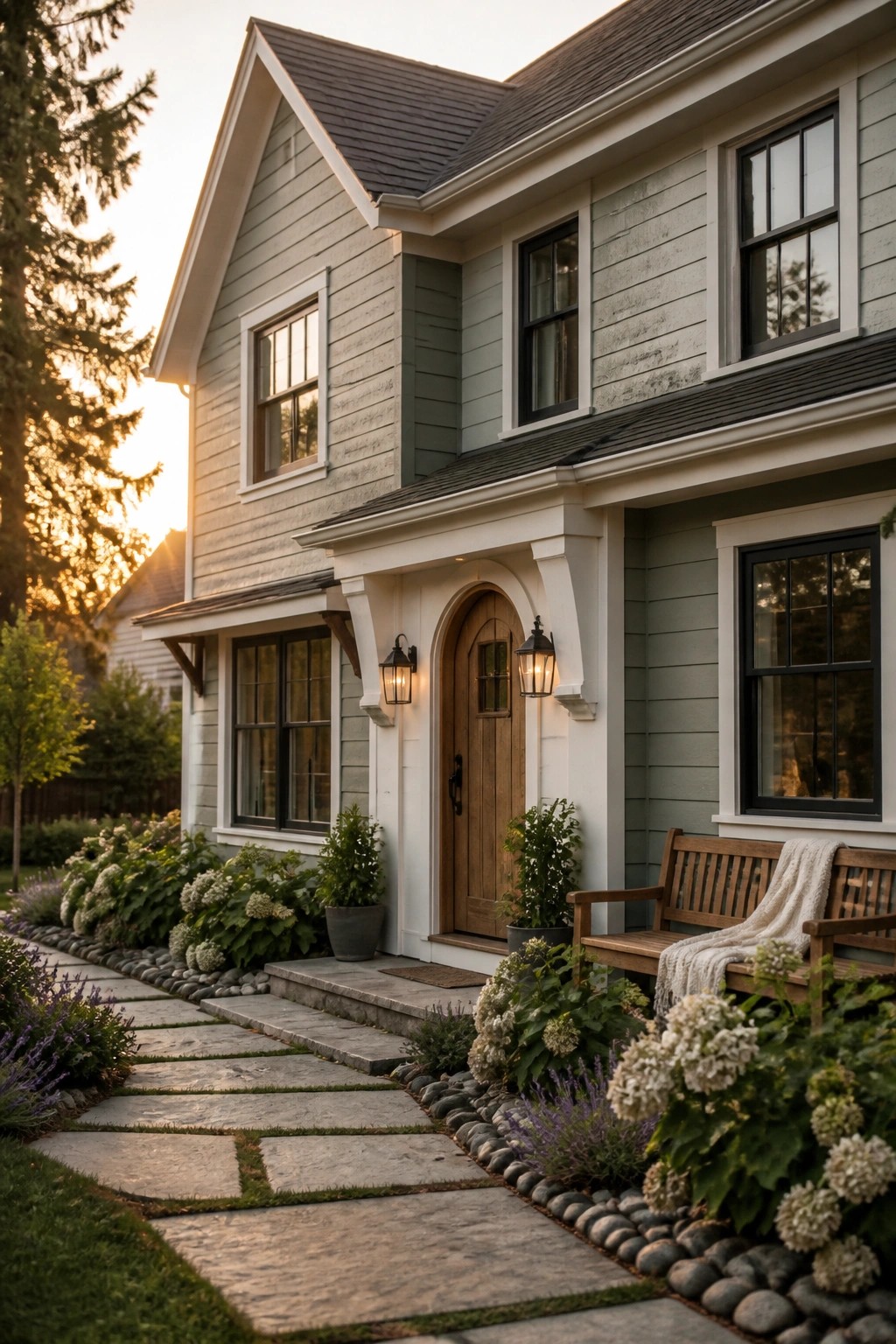 Modern farmhouse exterior with soft sage gray siding and white trim.