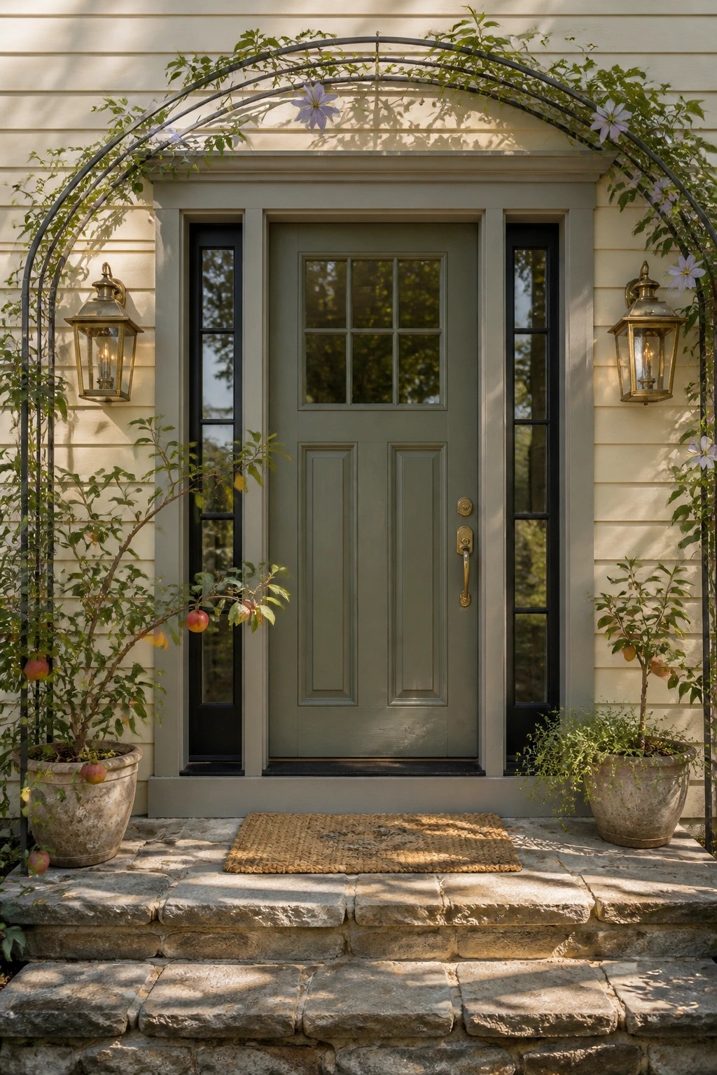 A soft sage green front door with black trim on a cream-sided house.