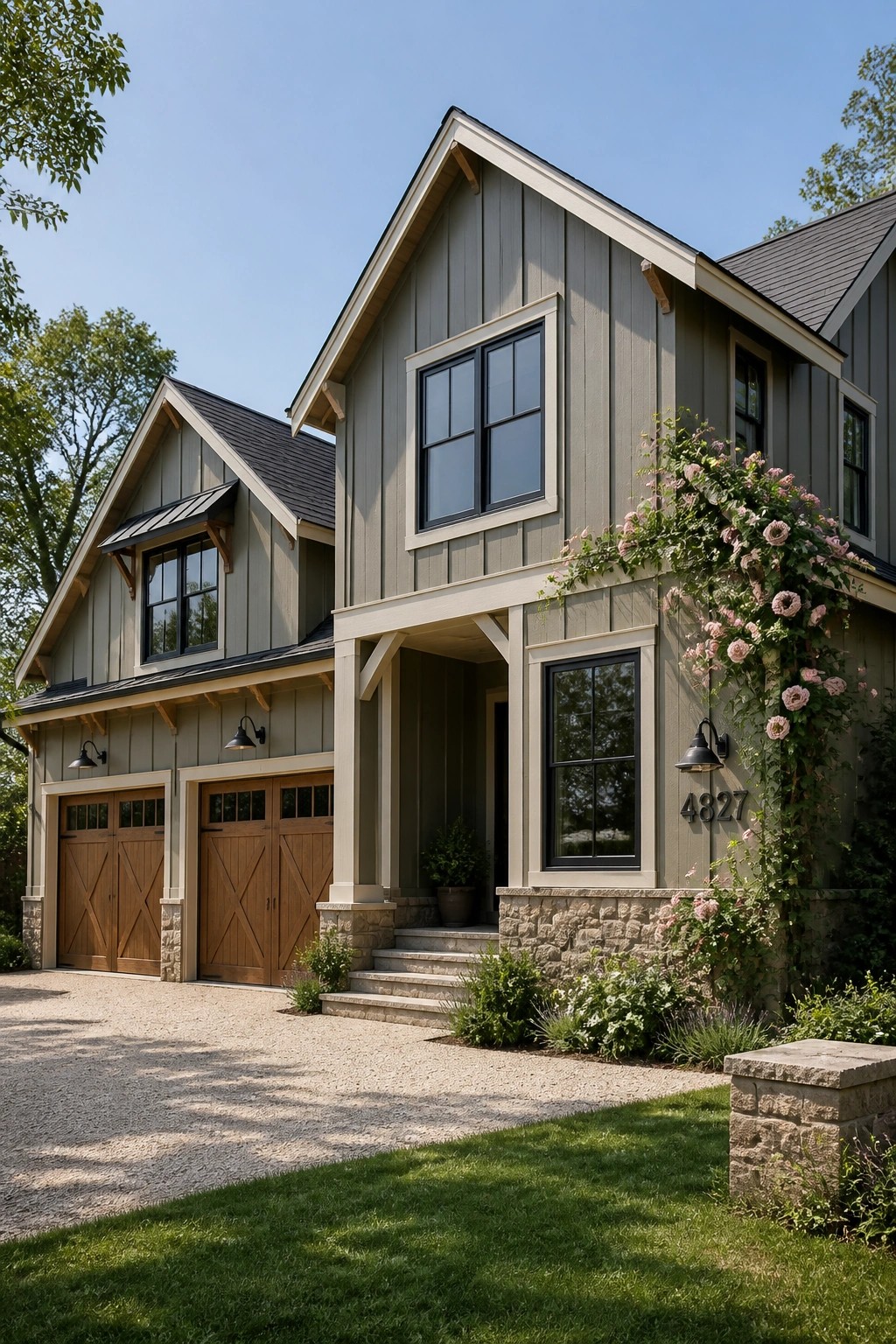 Modern farmhouse exterior with soft sage green siding and wood garage doors.