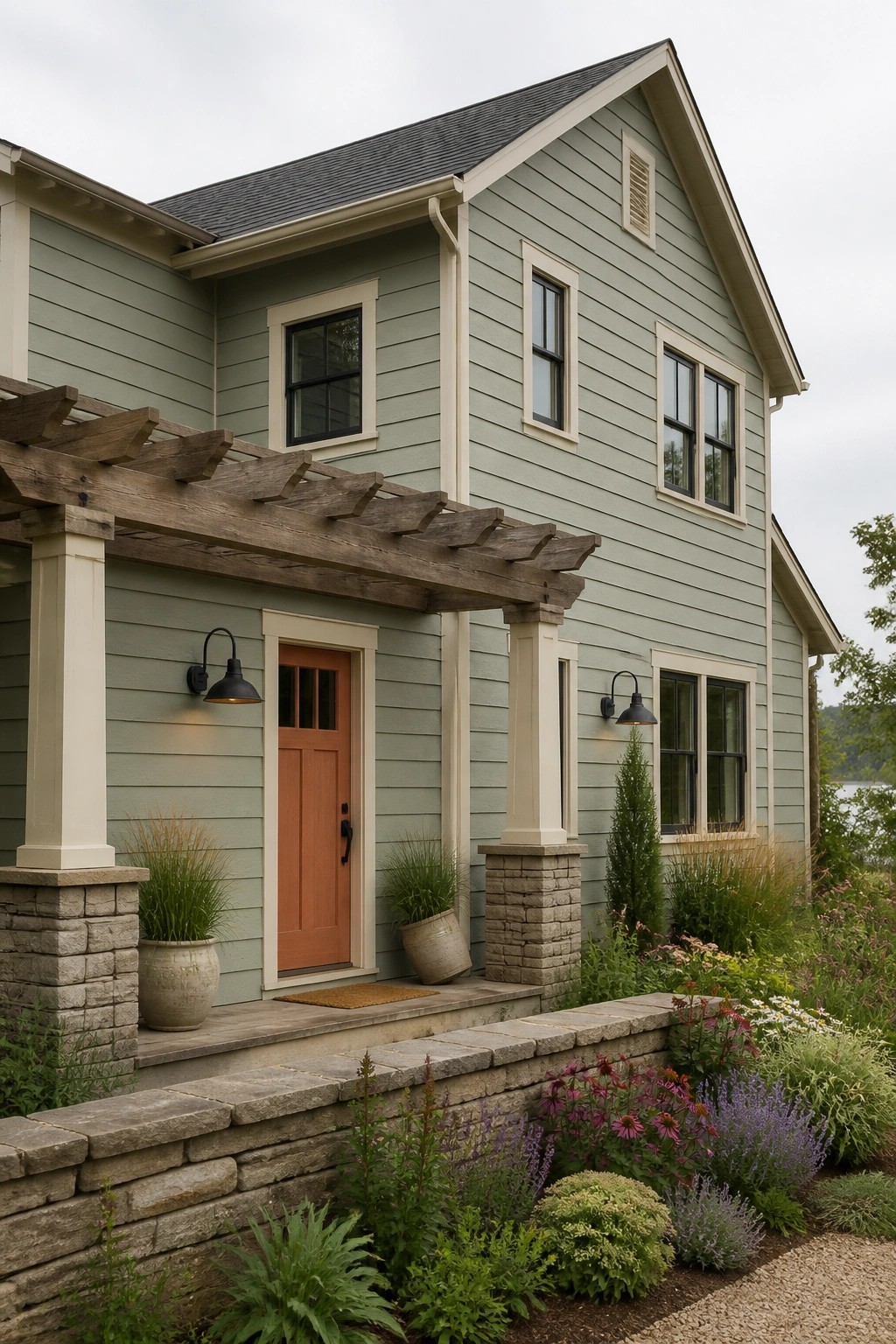 A modern farmhouse with soft sage green siding and white trim.