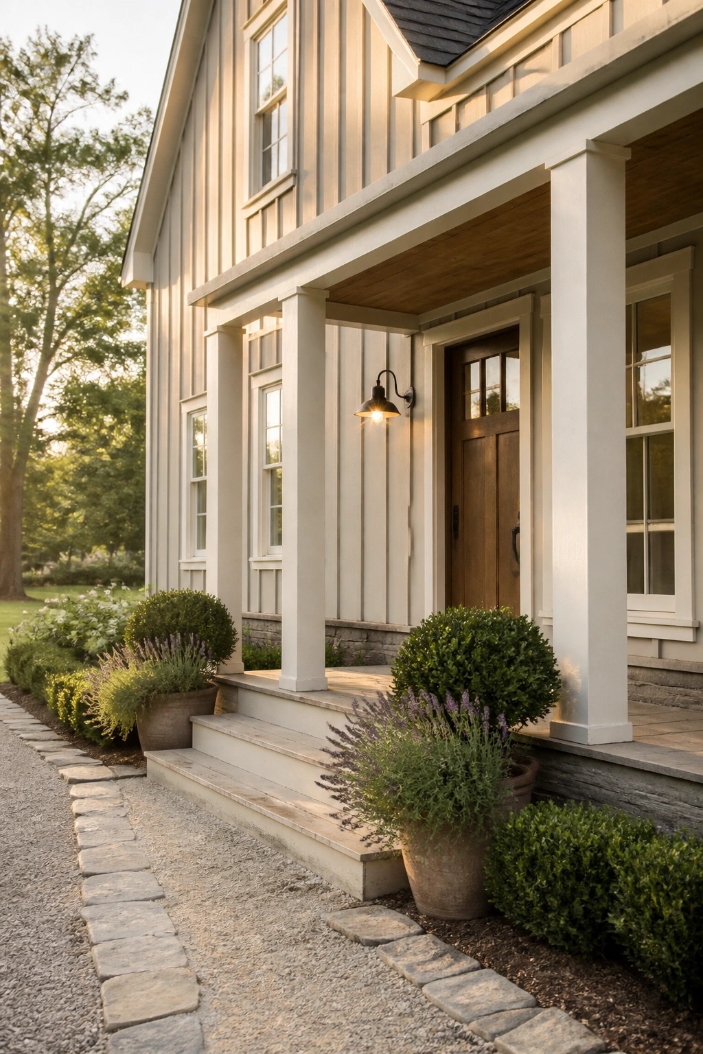White house porch with columns, wooden door, potted lavender, and glowing light.