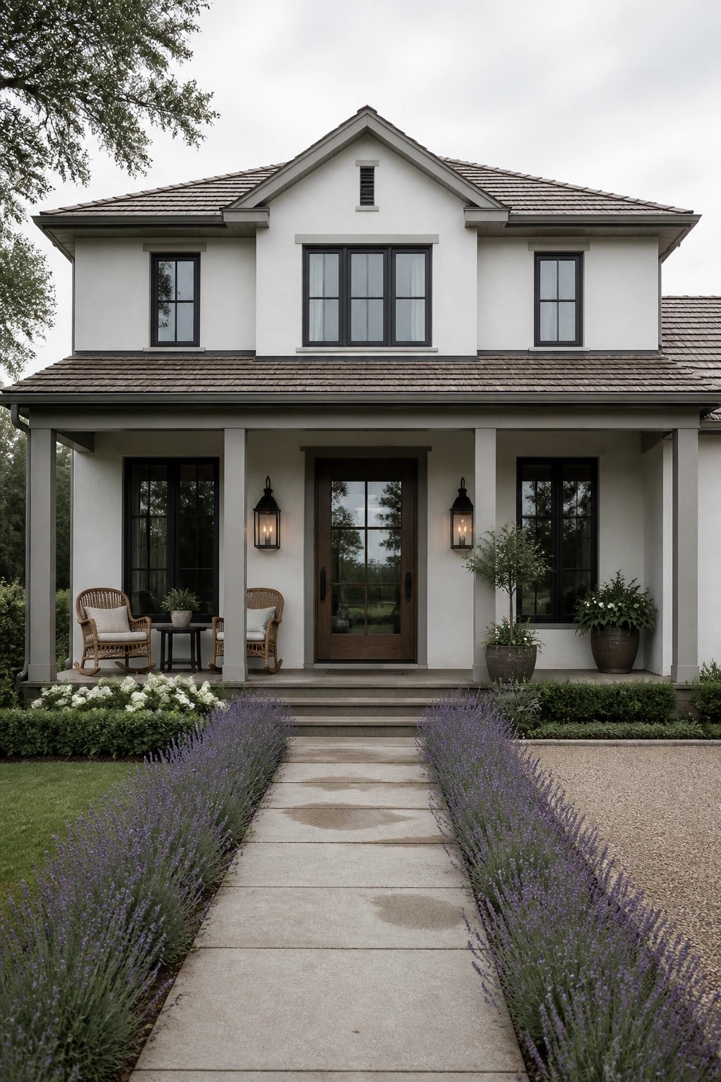 Modern farmhouse exterior painted in a soft white with black windows and a stone path.
