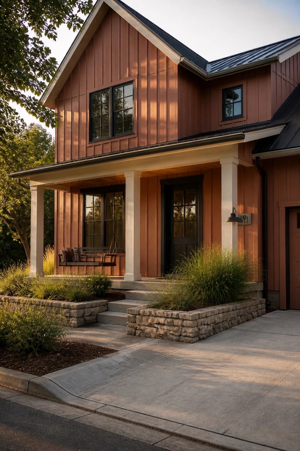 Modern farmhouse with warm terracotta siding and white trim.
