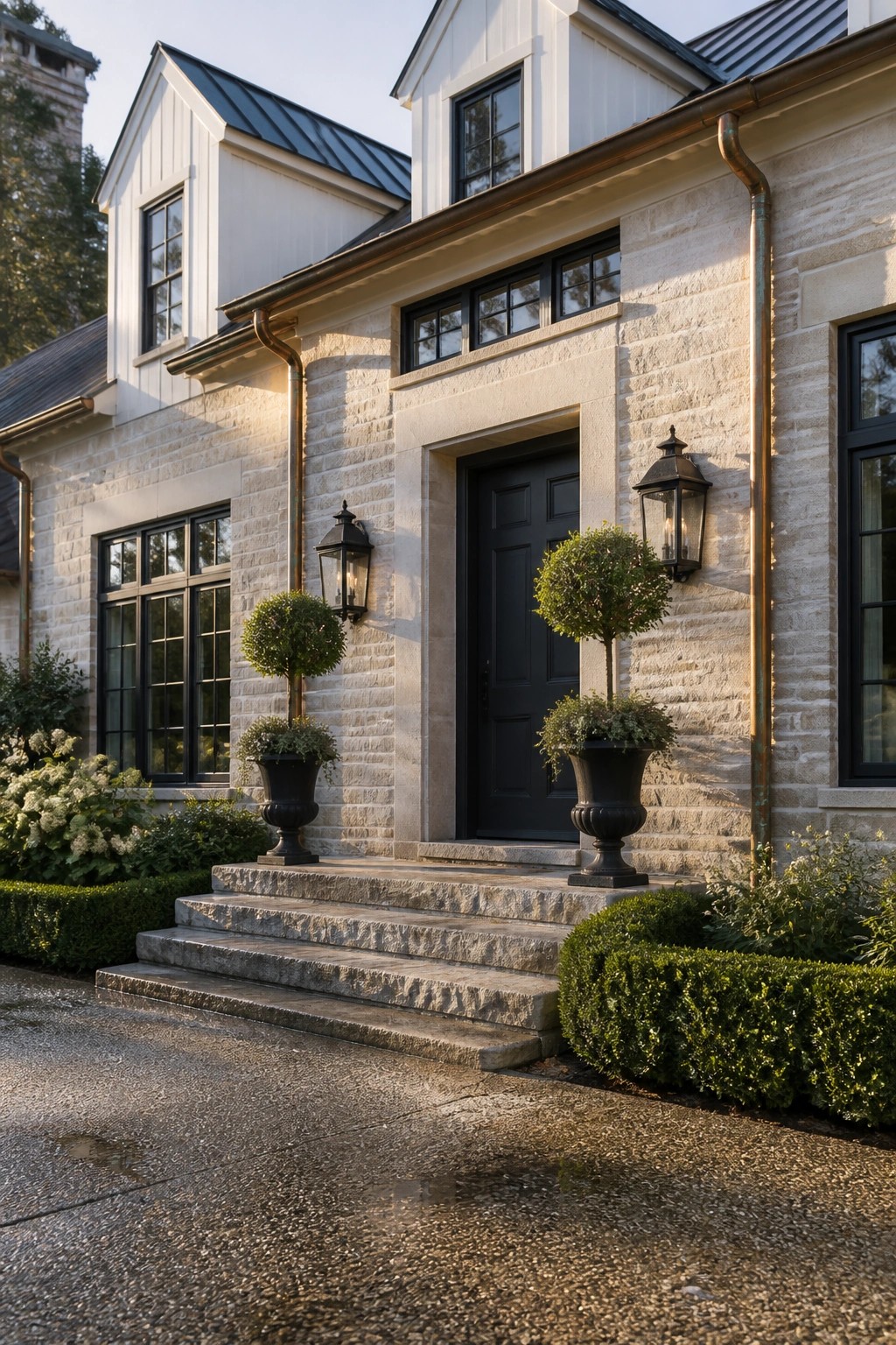 Stone farmhouse exterior with creamy white painted siding and trim.
