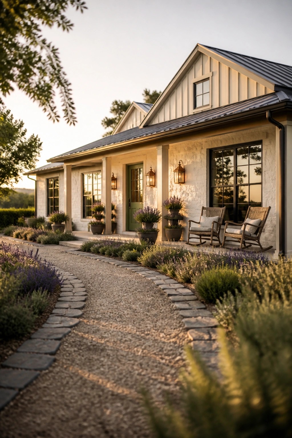 Stone farmhouse with creamy white siding and dark windows.