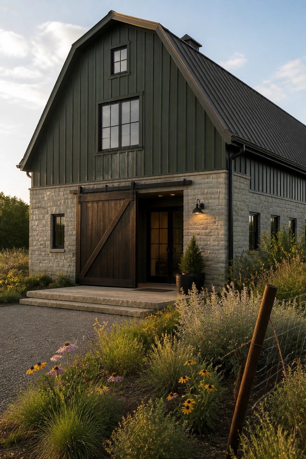Dark green vertical siding on a stone farmhouse exterior.