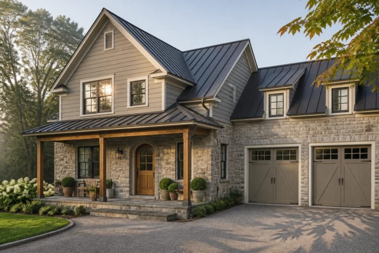 A farmhouse exterior with light greige siding and a stone base.