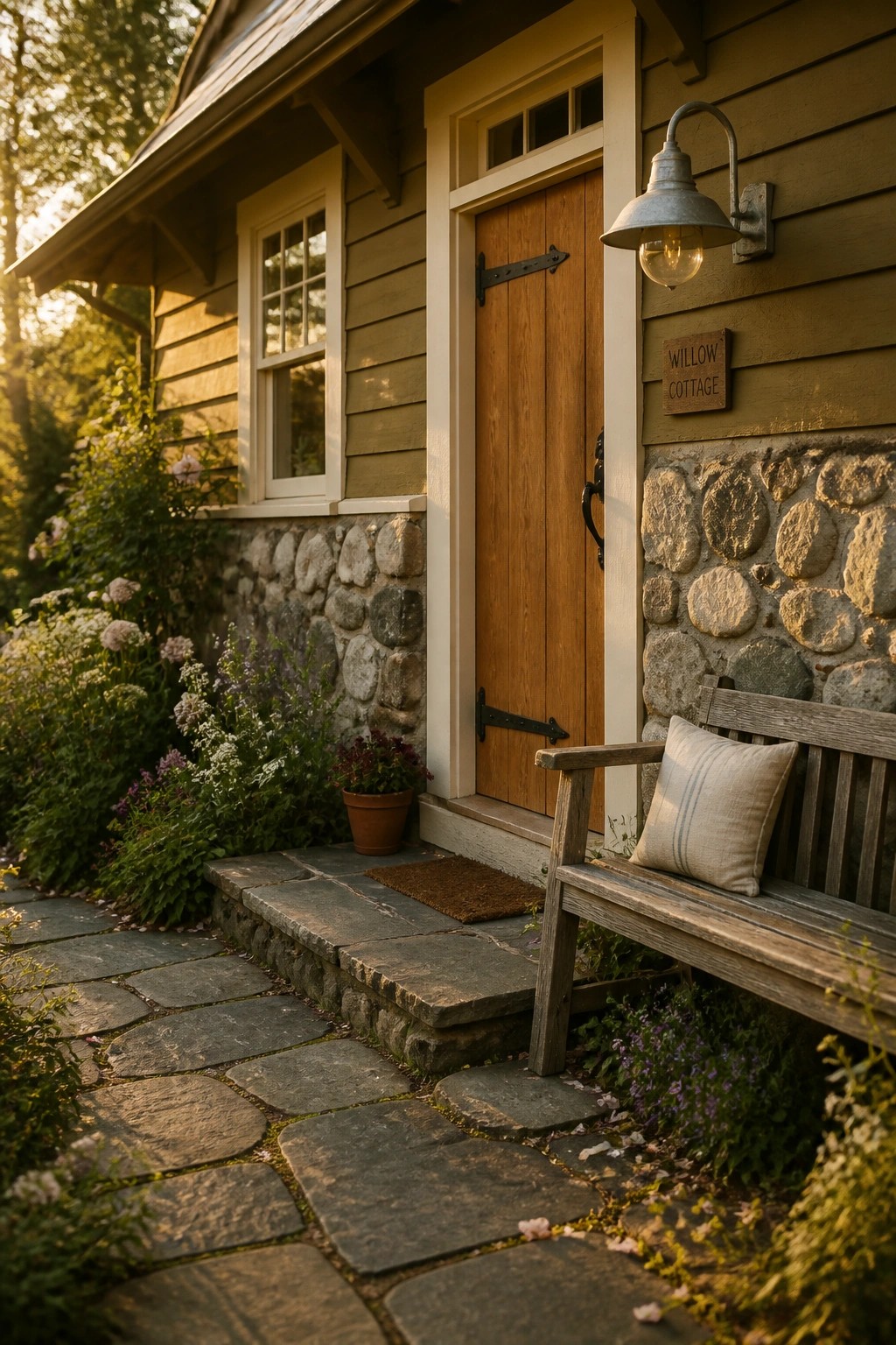 Rustic green cottage with wooden door, stone path, bench, flowers, and lantern at dusk.
