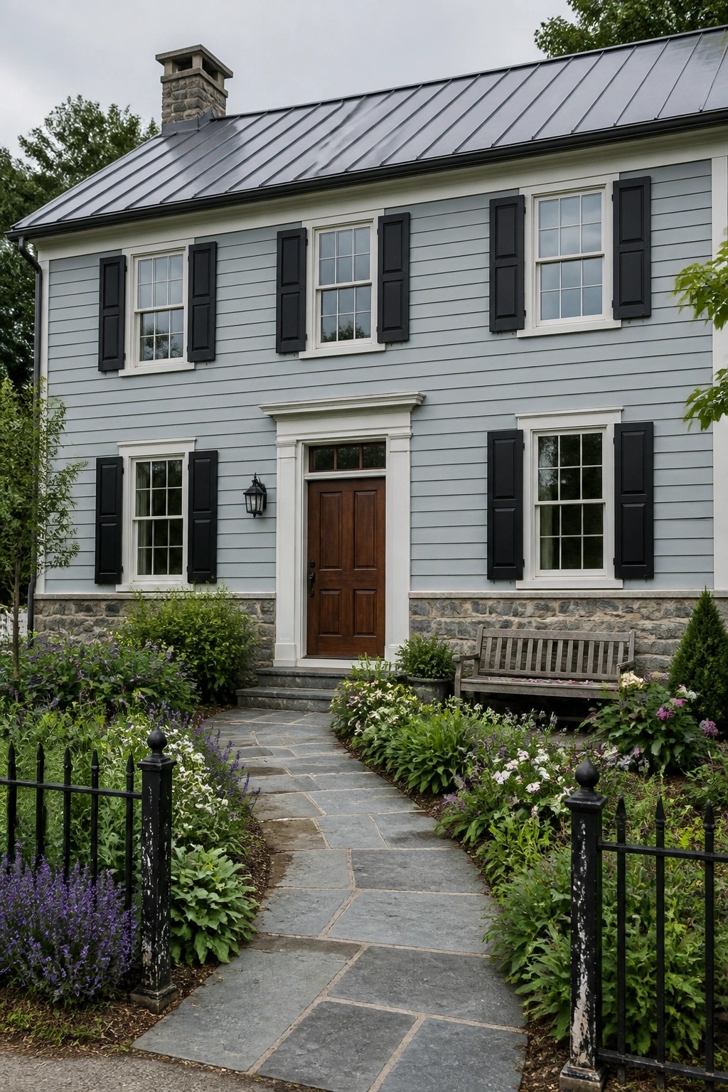 Light blue gray siding on a stone farmhouse exterior.