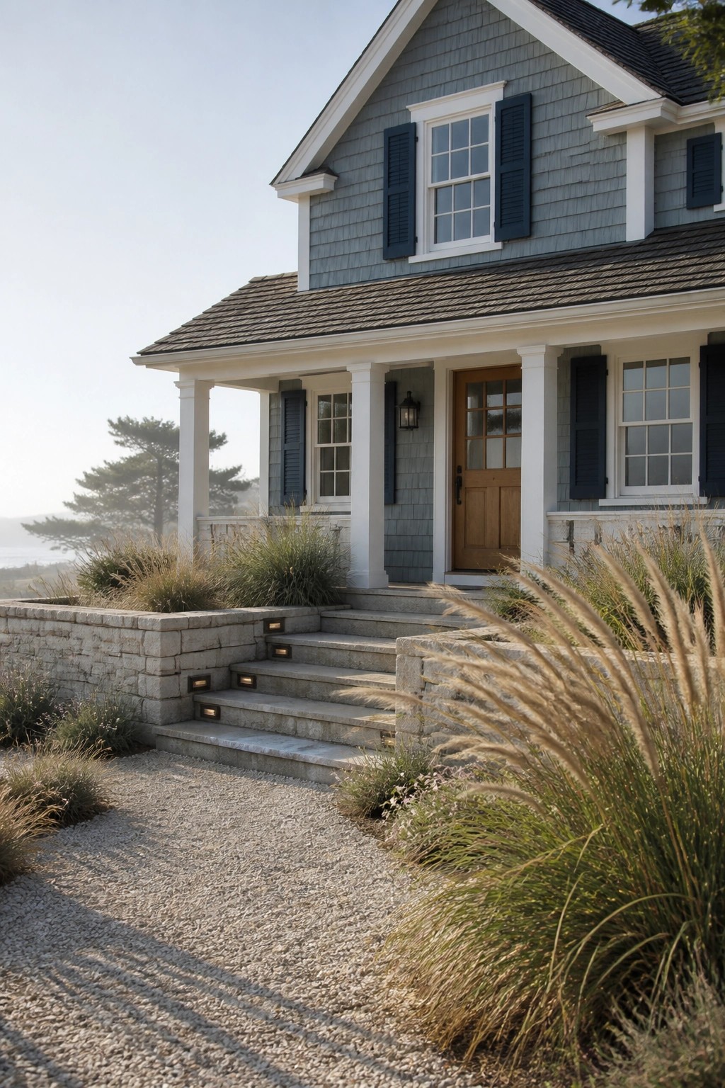 Gray shingled house with blue shutters, white porch, and lit stone steps amid grasses.